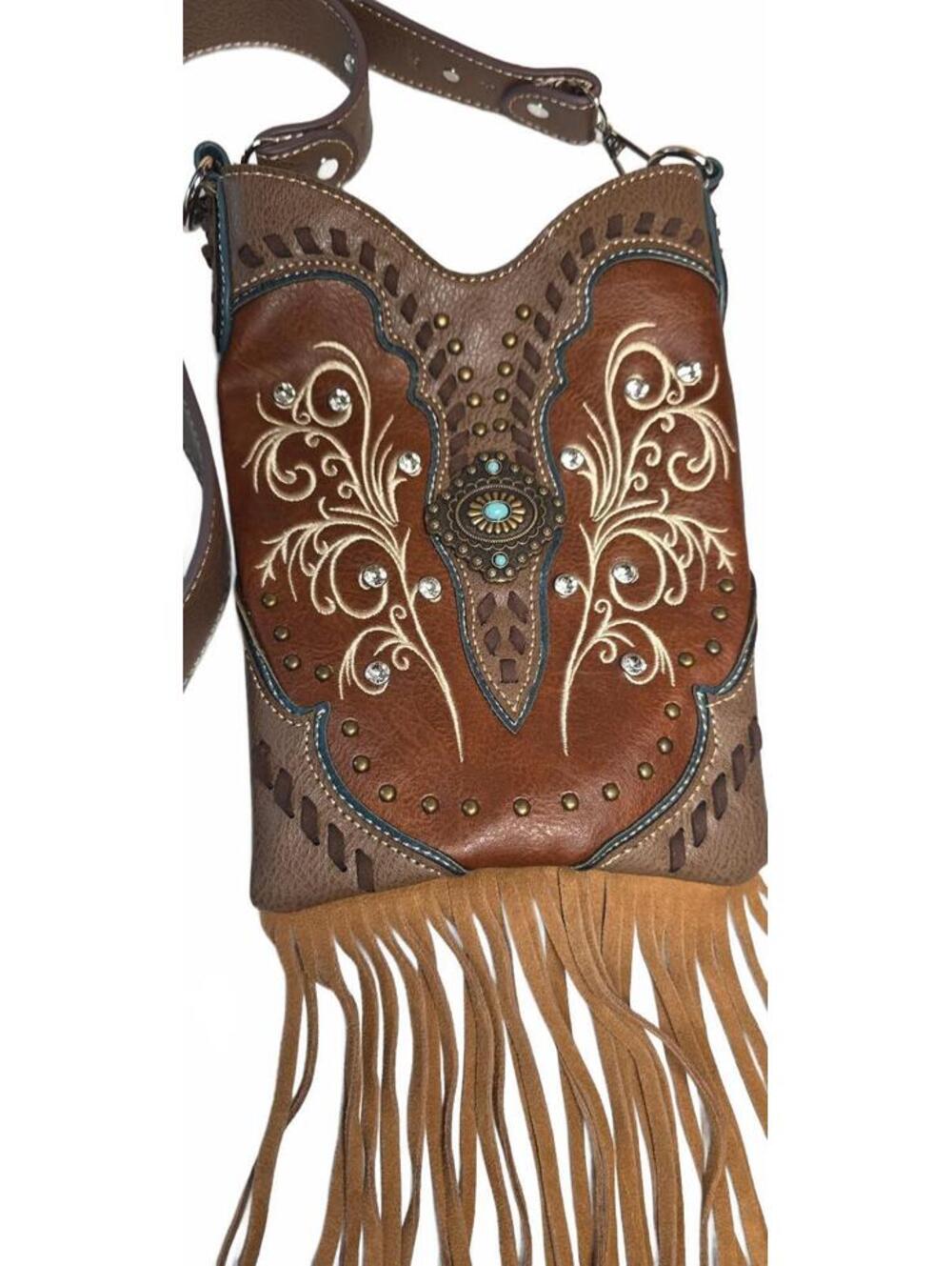 Boho Chic Brown Leather Fringe Crossbody Bag with Embroidered Floral Design